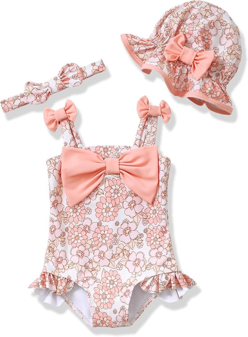 Renotemy Baby Girl Swimsuit Infant Bathing Suit Swimwear Sleeveless Bikini Tankini Toddler Girl One-Piece Swimsuit with Hat (Pink), 3-6M