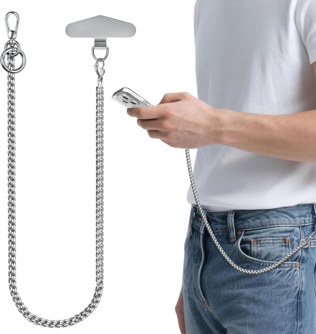 ROCONTRIP Anti-Theft Phone Lanyard Tether & Pants Chain Heavy-Duty Phone Strap With Metal Tether Tab (Light Silver)