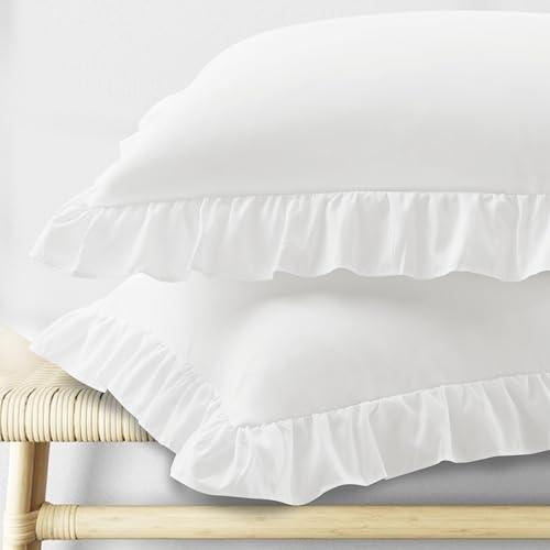 KKJIAF Ruffle Pillow Cases Standard Size Set of 2, Ruffled Pillow Covers with Envelope Closure, Wrinkle Resistant Pillowcases 26" x 26", Ruffled Pillow Shams, White