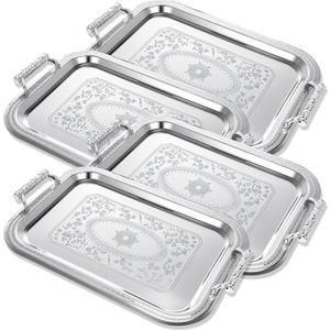 4 Pack Stainless Steel Serving Tray with Handle, 16 x 11.4 Inch Large Silver Plate Elegant Floral Metal Platter Tableware for Buffet Wedding Birthday Decorative