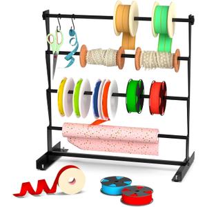 Alyoen Ribbon Organizer, Metal Ribbon Holder Storage Rack with Activity Hooks, Ribbon Spool Holder for Craft Room Sewing Thread Mesh Ribbon Wreath Washi Tape, Florist Arts Wrapping Gift