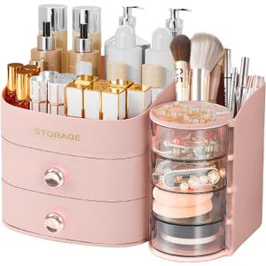 XIAPIA Makeup Organizer Countertop, Make Up Organizer for Vanity, Skincare & Cosmetic Organizers with Drawers, Bathroom Organizers Storage for Brush Holder|Lipstick|Jewelry, Ideal Gift for Women PINK