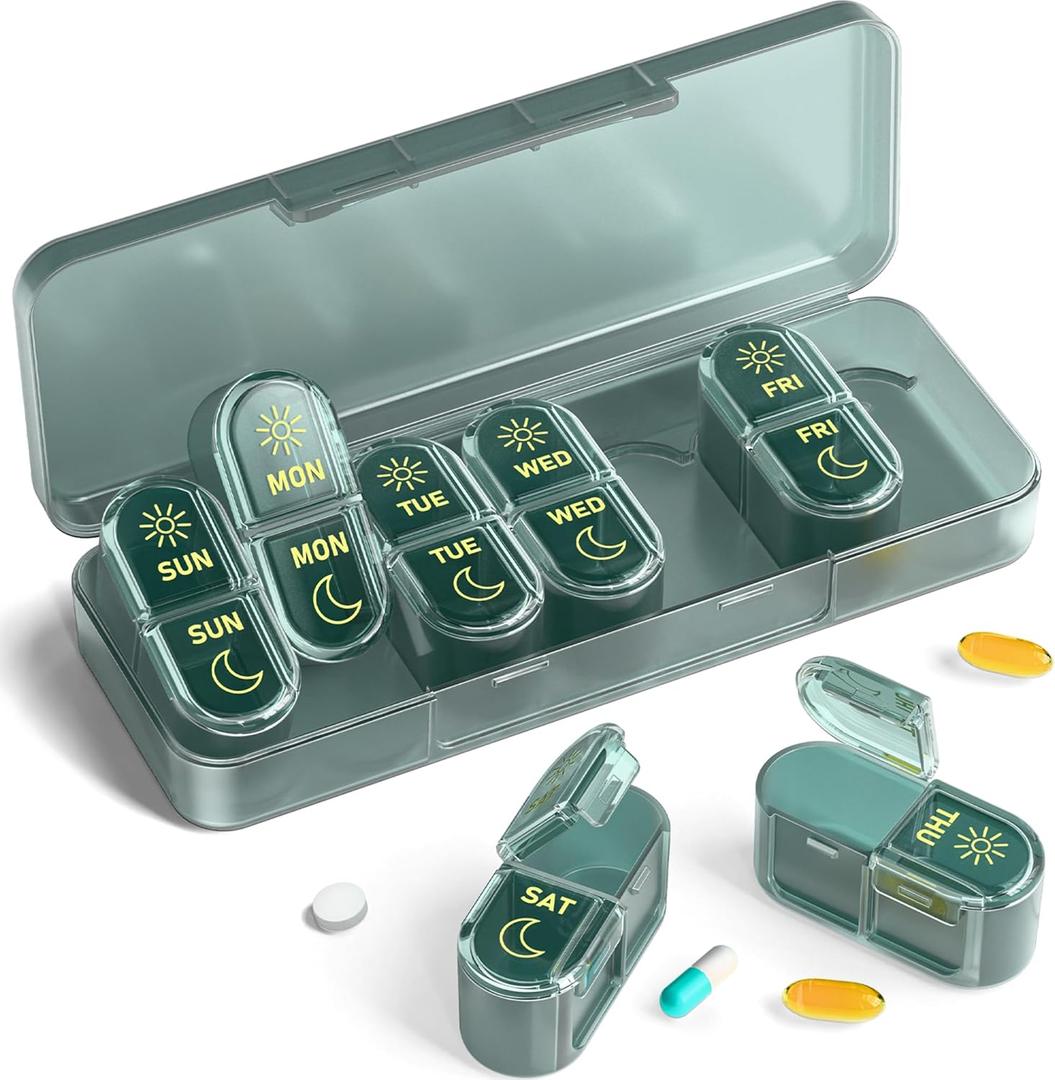 Pillex Pill Organizer 2 Times a Day, AM PM Pill Box 7 Day, Weekly Medicine Organizer with Large Capacity, Travel Pill Case for Medication, Vitamins, Fish Oils, Supplements (Easy to Use, Portable)