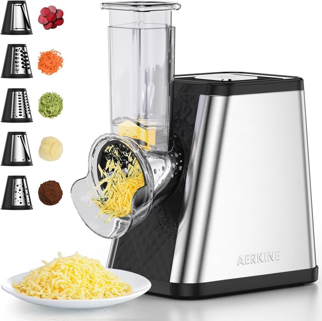 Electric Slicer/Shredde - 5-in-1 Electric cheese grater for Block Cheese with 5 Blades, Automatic Salad Machine for Fruits, Vegetables, Cheeses (Black)