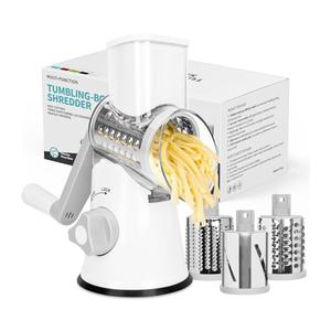 X Home Rotary Cheese Grater for Kitchen, Shredder with 3 Interchangeable Blades, Rotary Grater with Handle and Strong Suction Base, for Vegetables, Fruit, Nuts, Easy to Use and Clean, White