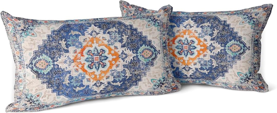 Snycler Blue Boho Throw Pillow Covers Set of 2 Monaco Rug Carpet Double Sided Pattern Cotton Soft Pillow Case Cushion Cover Pillowcase for Garden Couch Sofa Bed Decorative 12x20 inch