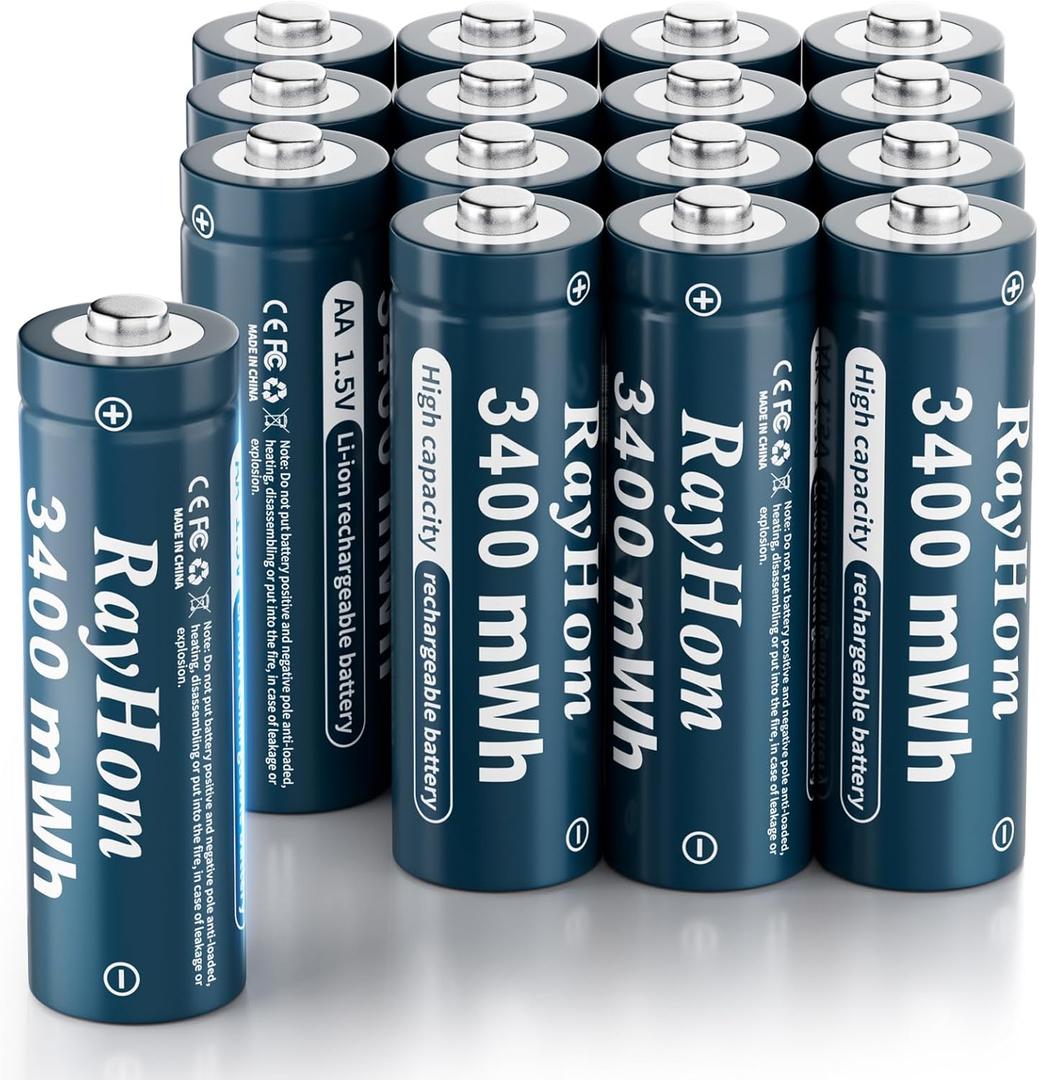 16 Pack AA Lithium Rechargeable Batteries, 3400mWh High Capacity, 1.5V Constant Output, 1600+ Cycles