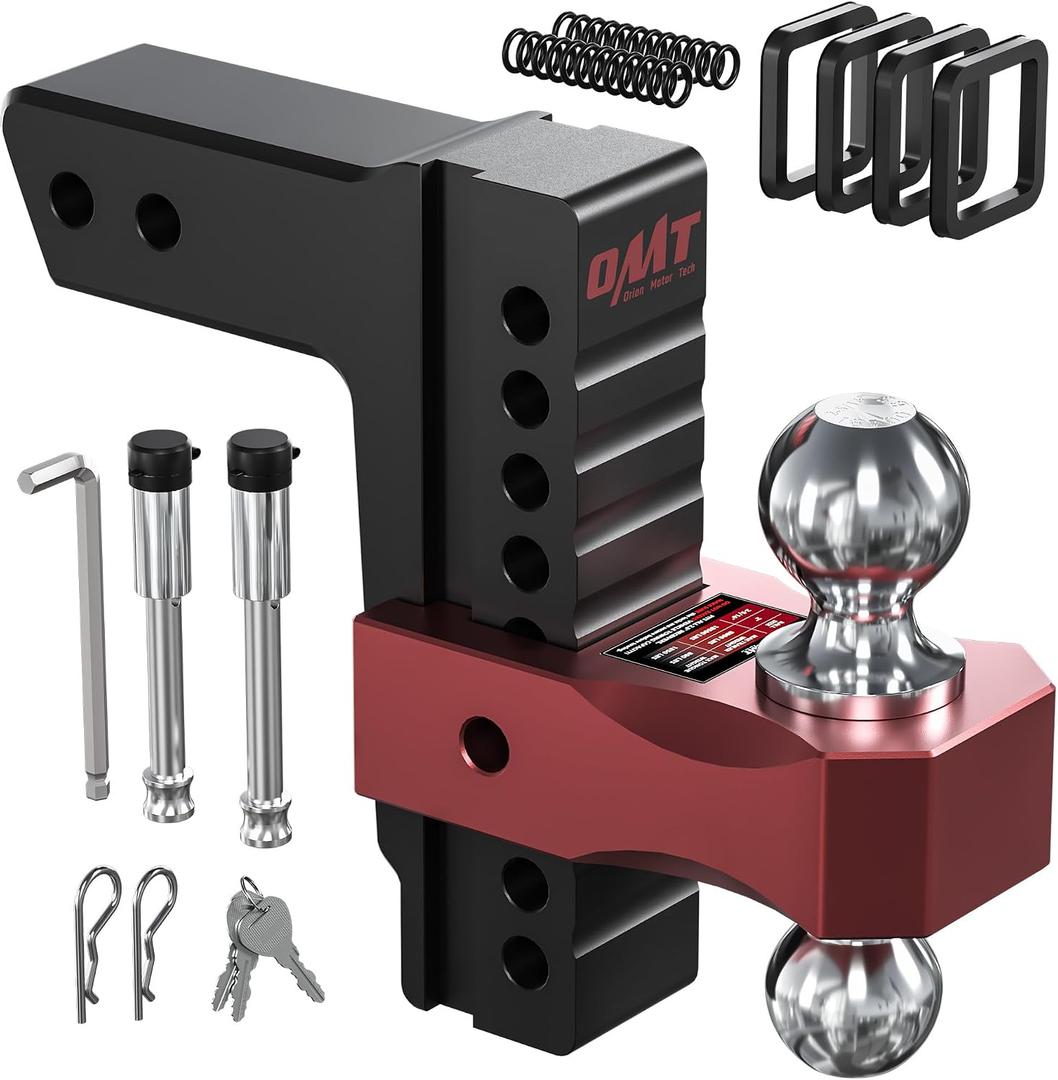 Orion Motor Tech Adjustable Trailer Hitch for 2.5 in. Receiver, Dual-Ball Mount Tow Hitch with 8" Drop/Rise 2" & 2-5/16" Balls, Drop Hitch with Locking Pins for Class IV V Vehicles 8000-18500 GTW, Red