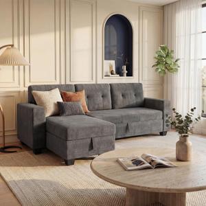 JUMMICO Sofa Bed, Sleeper Pull Out Couch with Reversible Storage Chaise, Convertible L Shaped Sectional Couches for Living Room, Apartment (Linen Fabric, Dark Grey)