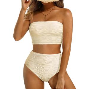 High Waisted Bandeau Bikini Set - Women Strapless Two Piece Swimsuits Ribbed Longline Full Coverage Bathing Suits Swimwear (Large, Beige)