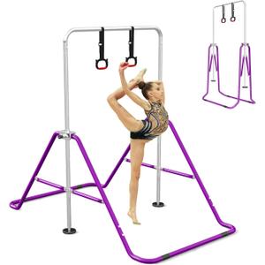 Gymnastics Bar for Kids with Gymnastics Rings, Height Adjustable Gymnastics Horizontal Bar, Foldable Bar Gymnastics Equipment for Home Room Indoor Outdoor Gym Practics, Gymnastic Bar (Purple)