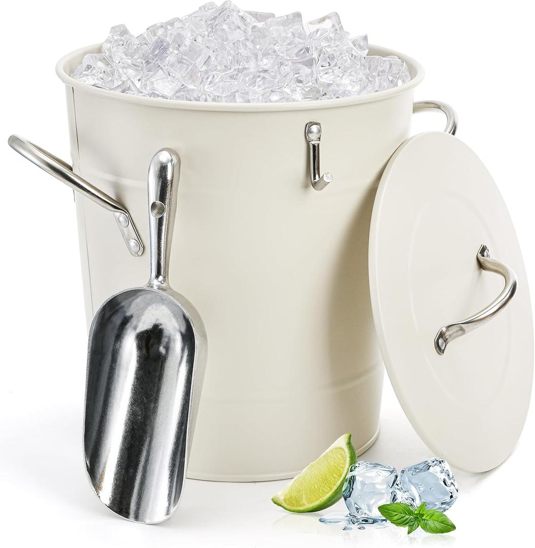 YOUEON 4L Ice Bucket with Scoop and Lid, Double Walled Insulated Wine Bucket Chiller with Carry Handles, Beverage Tub for Cocktail Party, Camping, BBQ, Indoor & Outdoor Use, White
