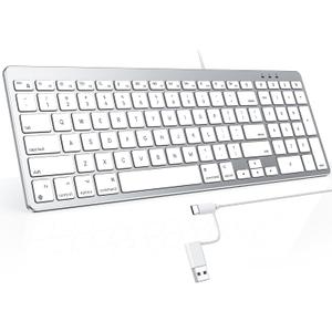 OMOTON Wired Keyboard Compatible with Mac, with Dual Interface (USB and Type-C), Numeric Keypad Compatible with MacBook Pro/Air, iMac, Mac mini/Pro Laptop, Silver