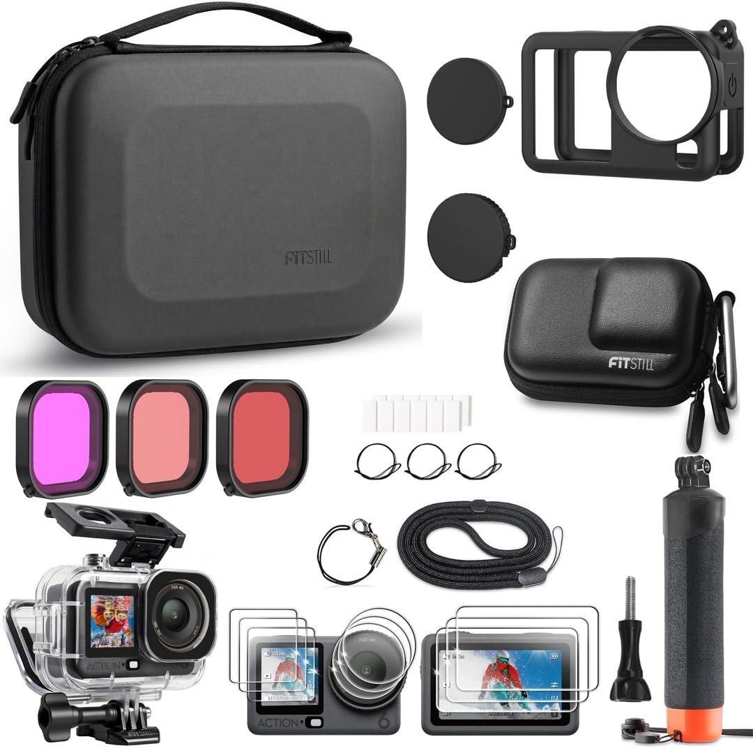 FitStill Accessories Kit for DJI OSMO Action 6 60M/196FT Waterproof Housing+Silicone Protective Case+Tempered Glass Screen Protector+Floaty Bobber Grip+ Carrying Case+FiltersAction 6 Accessory