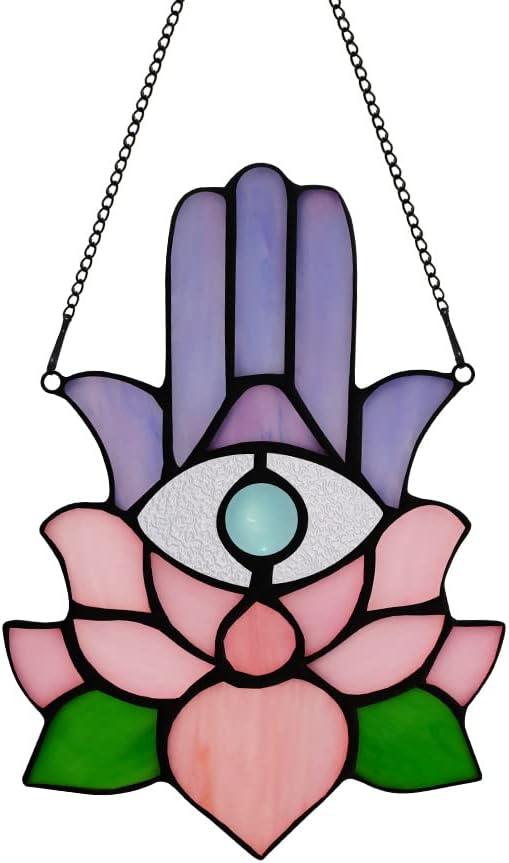 Hamsa Hand Decor Stained Glass Window Hangings,Lotus Flower Suncatchers for Windows Amulet Meditation Home Decor,Spiritual Gift for Women,Baptism Blessing Housewarming Gift