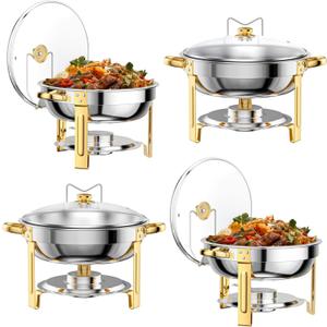 Chafing Dishes for Buffet Set: 100% Pre-Installed Chafers for Catering - Round Chafing Dish Buffet Set with Lids | Chafers and Buffet Warmers Sets | Serving Food Warmer | Chafers Servers Sets (Pack of 4)