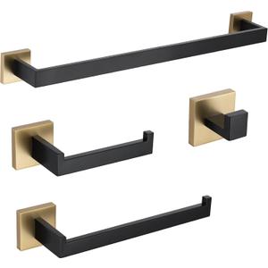 TURS 4-Piece Bathroom Hardware Set Black and Brushed Gold Towel Bar Holder Set Stainless Steel Bathroom Accessory Set Wall Mounted