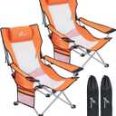 Sportneer Beach Chair: Adjustable Folding Chair with Cup Holder & Side Pocket - Portable & Compact Beach Chairs for Adults with Reclining Positions for Camping Picnic and Outdoor, Orange 2 Pack