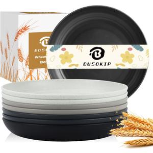 Wheat Straw Plates 9 Inch, Unbreakable Plastic Plates Reusable, Dinner Plates Set of 8, Lightweight Kitchen Plate, Dishwasher & Microwave Safe Plate for Outdoor, Camping, Picnic(Black, Grey)