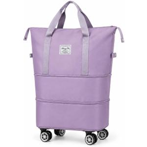 Expandable Rolling Travel Bag with Detachable Wheels, Purple, Approximate bag-body heights are 11.8, 18.5 and 24.8 inches, excluding handles and wheels. The base is 15.7 inches wide and 8.7 inches deep