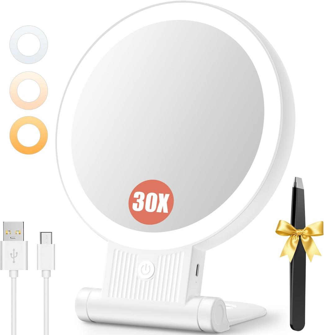 Auxmir 1X/30X Magnifying Mirror with Light, Double Sided Makeup Mirror with Adjustable 3 Color Light, 2000mAh Rechargeable Lighted Magnifying Mirrors with Tweezer, Foldable Travel Mirror with Rotation