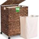 Livole Wicker Laundry Hamper with Lid & Wheel, 23.8 Gallon (90 L) Handwoven Water Hyacinth Laundry Basket with Removable Liner & Handles, Sturdy Steel Frame for Bedroom Bathroom Laundry Room Espresso