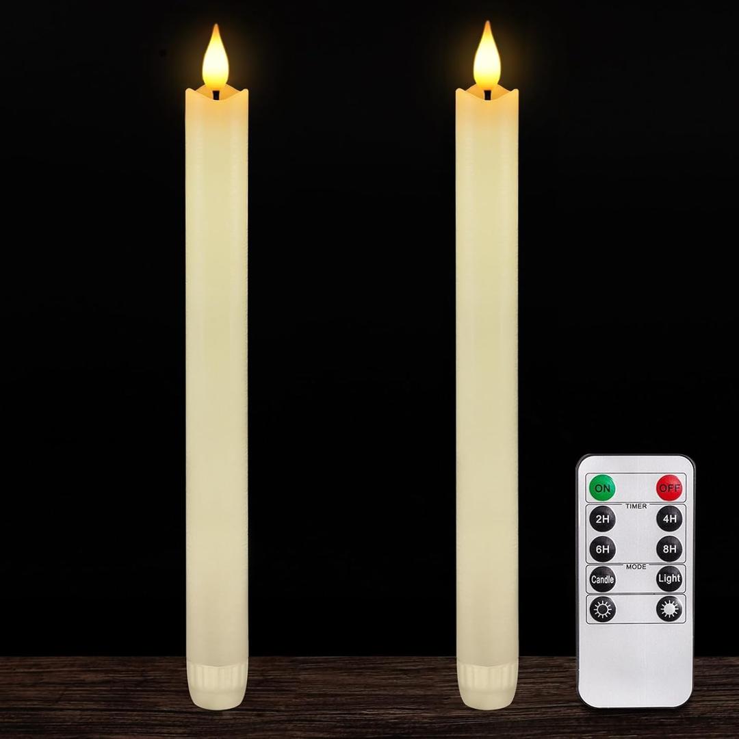 Homemory 2 Pcs Real Wax Made Flameless Taper Candles with Remote and Timer, 9.6" Ivory Battery Operated Candle Stick Flickering, Led Taper Candles with Lifelike Flame for Indoor Home Decor