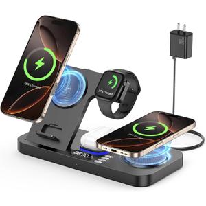 2025 Upgrade Wireless Charger, 6 in 1 Charging Station,30W Wireless Charger with Clock & 7-Color Night Light,Dual Phone Charger for iPhone 16/Samsung Galaxy,for AirPods for Apple Watch