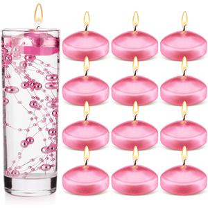 Nuanchu 12 Pieces 1. 65 Inch Floating Candles for Wedding Centerpiece, Small Unscented Floating Round Tealights Metallic Smooth Wax Disc Candles for Graduation Dinner Home Decor(Pink)