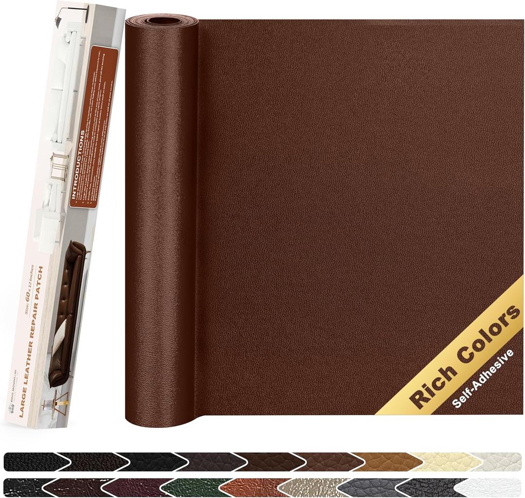 KING MOUNTAIN Leather Repair Patch, 12 x 60 Inches Self-Adhesive Repair Tape for Damaged Furniture, Seating, Car Seats, Goods (New Brown)