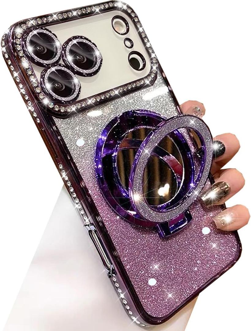 Magnetic Kickstand Glitter Case for iPhone 17 Pro,[Compatible with Magsafe] Cute Bling Sparkly Rhinestones with Camera Protector &Makeup Mirror Women Girls Case for iPhone 17 Pro 6.3", Purple