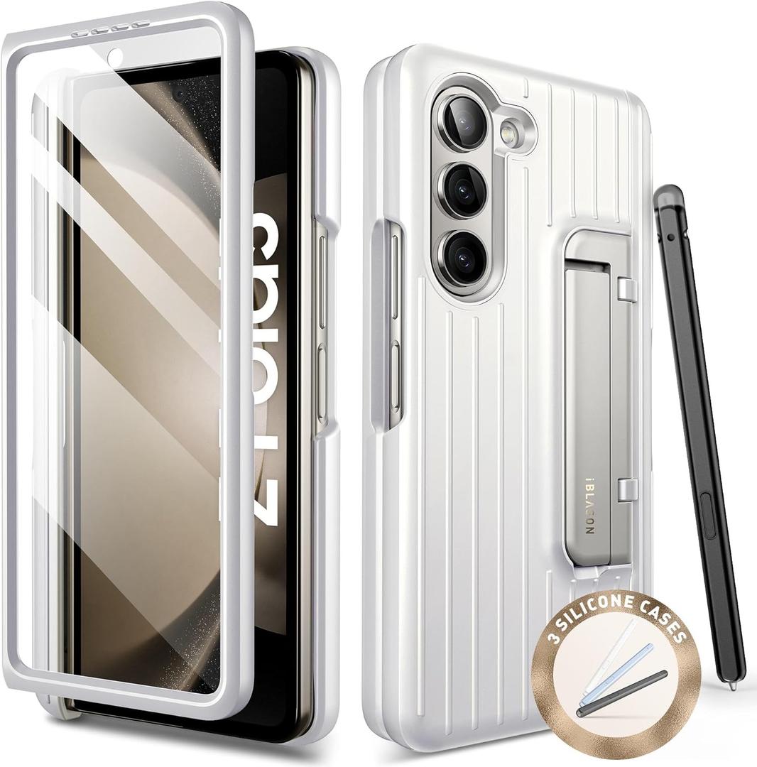 i-Blason for Samsung Galaxy Z Fold 5 Case (2023) with S Pen Holder & 3 Silicone S Pen Covers [Built-in Screen Protector] Full Body Protective Bumper Phone Case for Z Fold 5 with Kickstand (White)