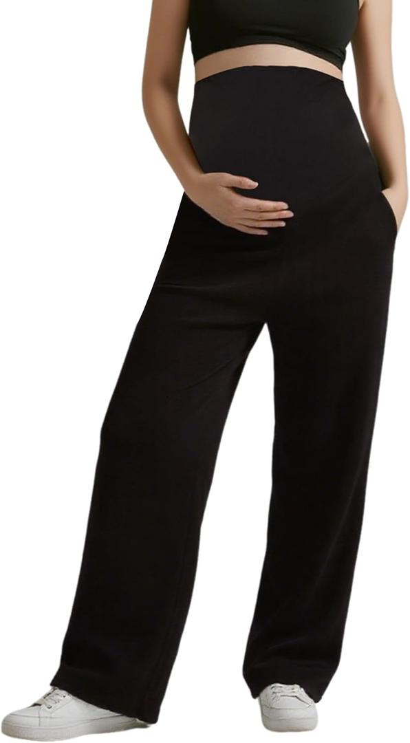Peauty Buttery Soft Maternity Palazzo Pants Over The Belly, Wide Leg High Waisted Pregnancy Yoga-Pants(S-3XL) (Black)