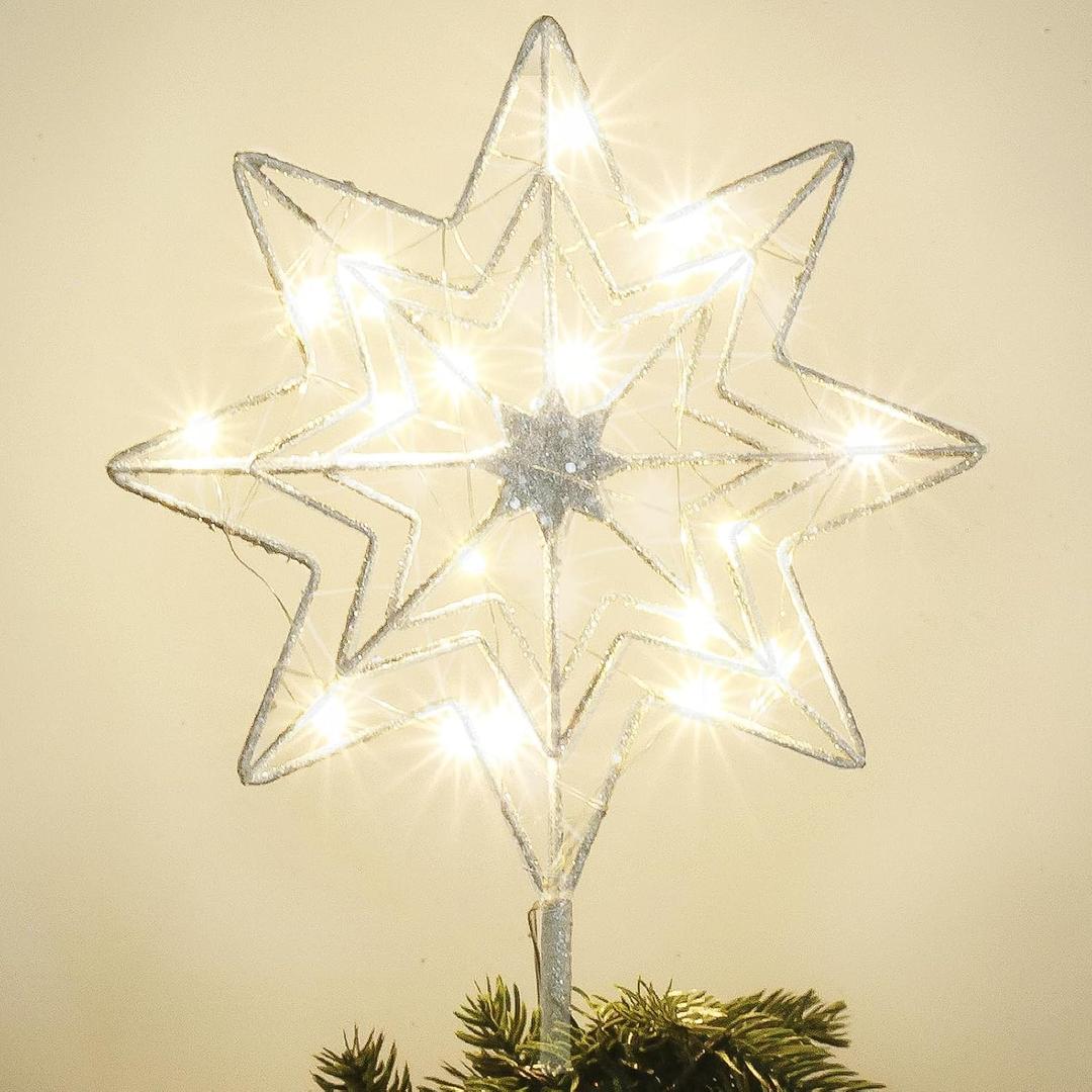 hogardeck Christmas Tree Topper, Glittered Silver 8-Pointed Star Tree Topper for Christmas Treetop, 20 LED Timer Sparkling Tree Toppers for Christmas Tree Decorations, Large