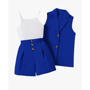 Girl's 3 Piece Outfits Suit Set Button Sleeveless Blazer Vest and Ribbed Cami Top with Pleated Shorts 10y