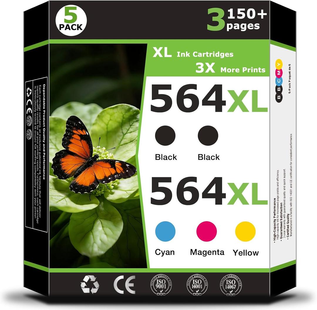 564XL Ink Cartridges 5 Pack Combo Pack Compatible for HP564xl 564 ink for HP564 XL Work with DeskJet 3520 3525 OfficeJet 4620 4622 PhotoSmart B8550 C6350 D5460 7515 Printer Cyan Magenta Yellow 2 Black