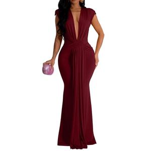 Memoriesea Women's Elegant Sleeveless Deep V Neck Bodycon Party Evening Gown Maxi Dress Burgundy Large
