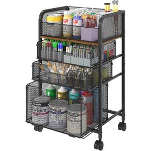 4-Tier Rolling Utility Cart with 3 Drawers-Craft Organizers and Storage with 360 Lockable Wheels,Art Supply Storage Organizer for Art Supplies, Store for Brushes & Paints & Artifacts Patent Pending