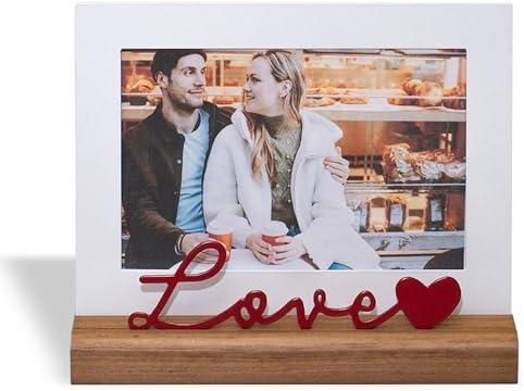 GEGUTON Photo Frame 4"x6", Steel and Wood, Red and White, Decorative Love-Themed Design for Home or Office