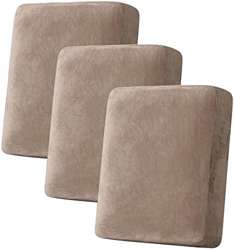 H.VERSAILTEX Velvet Stretch Couch Cushion Cover Plush Cushion Slipcover for Chair Loveseat Sofa Cushion Furniture Protector Seat Cushion Sofa Cover (3 Piece Sofa Cushion Covers, Taupe)