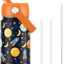 Fimibuke Kids Insulated Water Bottle, 14oz BPA FREE 18/8 Stainless Steel Travel Tumbler Double Wall Vacuum Leak Proof Kids Cup with Straw Metal Water Bottle for School Boys Girls(1 Pack, Space)