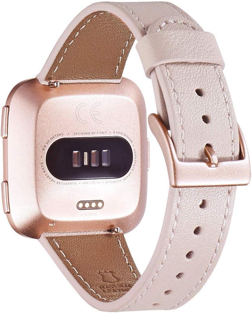 WFEAGL for Fitbit Versa Bands, Top Grain Leather Replacement Strap for Fitbit Versa/Versa 2 /Versa Lite/Versa SE Fitness Smart Watch (PinkSand Band+ Rosegold Buckle)