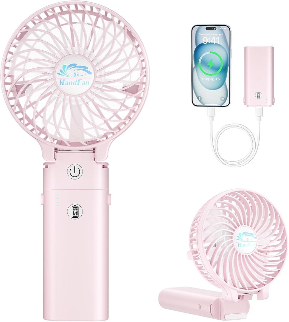 HandFan 5200mAh Handheld Fan Rechargeable, 20H Runtime Hand Fan, 3 Speeds Strong Airflow, Personal 180 Foldable Portable Fans for Travel/Summer/Concerts/Lash/Commute, Gifts for Women (Cherry Pink)