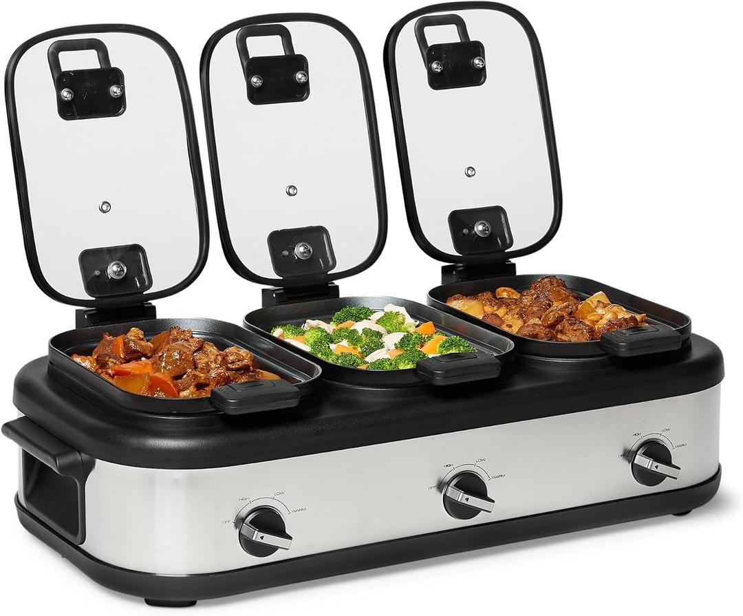 Amazon Basics Triple Slow Cooker with Ceramic Non-Stick Coating and Temperature Controls, 3 x 2.5 Quarts, Stainless Steel