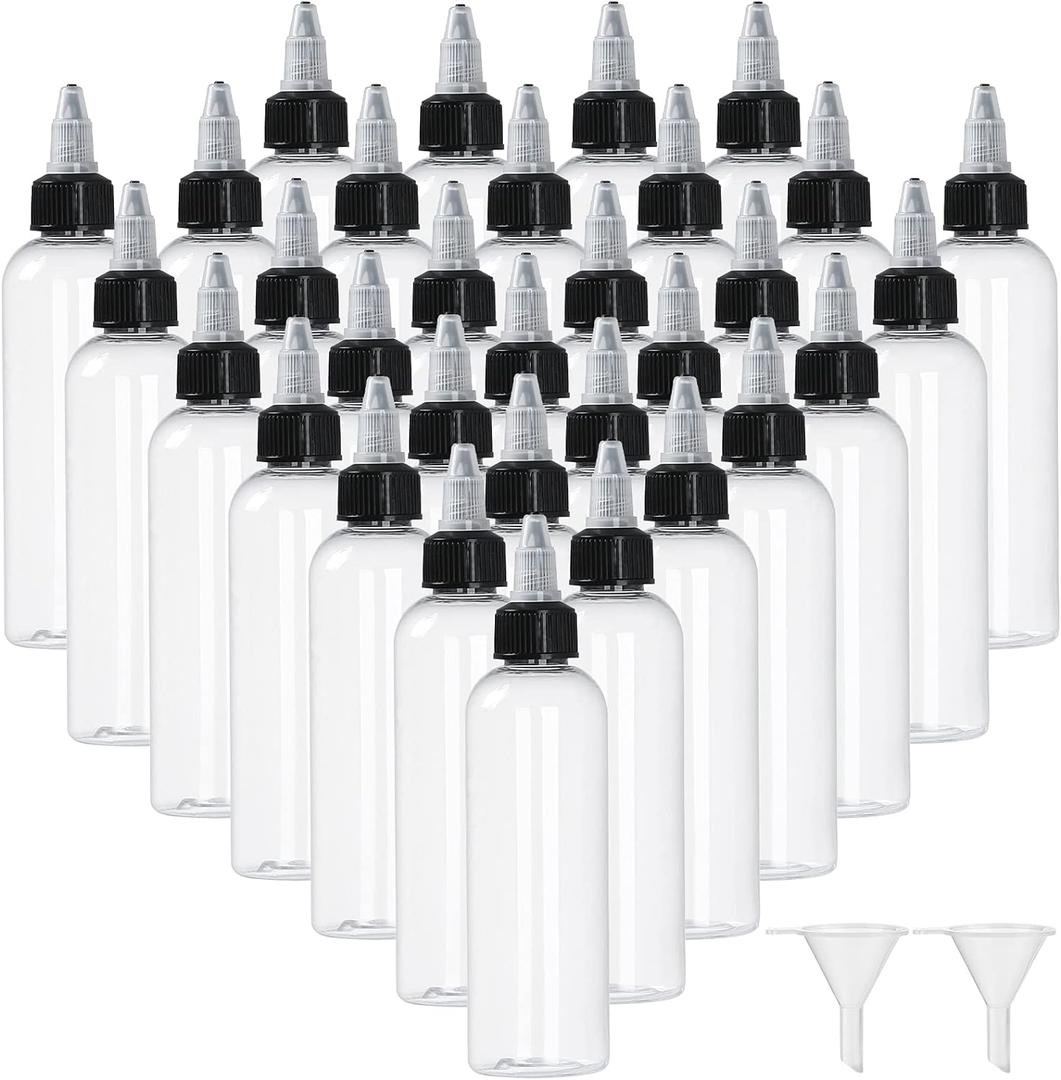 32 Pack 4oz Boston Dispensing Bottle Empty Round LDPE Plastic Squeeze Dropper Bottles Squeeze Bottle with Twist Top Cap for Liquids Oils Art Crafts Kitchen Household