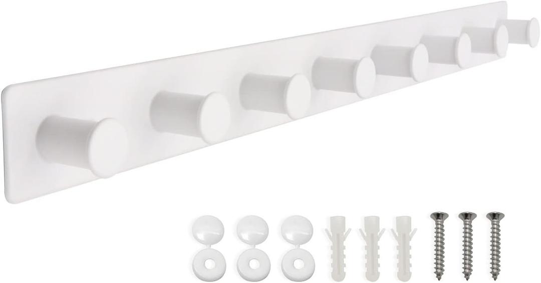 Coat Rack Wall Mount, White Coat Hooks Screw in, Stainless Steel Door Hooks for Hanging Hat Towels Clothes, Hook Rail with 8 Round Hangers (White, 8 Hooks)