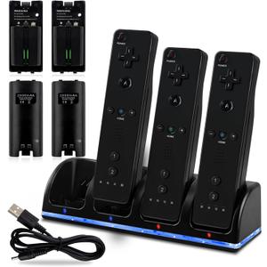 4-in-1 Charger Station for Wii&Wii U Remote Controller, with 4 Rechargeable Batteries(4 Port Charging Station+4 pcs 2800mah Replacement Battery Packs+USB Cable+Plug) Not Include Remote-Black