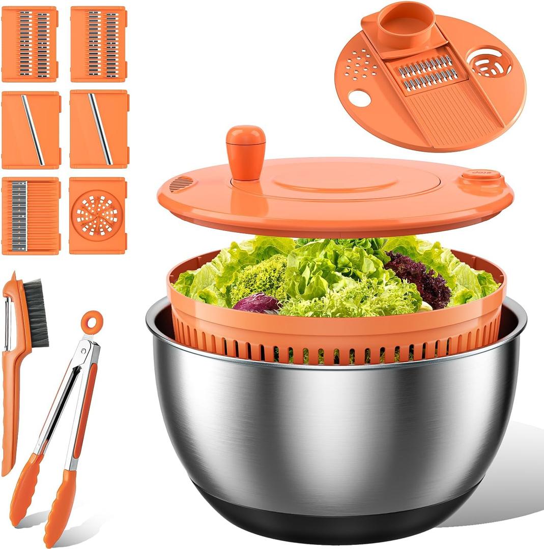 EMOJOY Stainless Steel Salad Spinner Large, 3-in-1 Vegetable Wash Bowl, Salad Bowl & Lettuce Spinner, Fruit Cleaner with Non-Slip Base, Dishwasher Safe, 5 Blade Slicer & Egg Yolk Separator, 4.25Qt