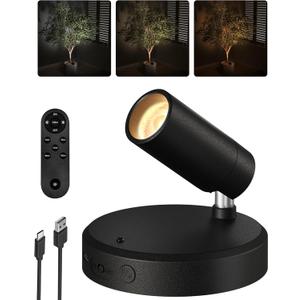 EZVALO Wireless LED Spotlights Indoor, 5500mAh Rechargeable Battery-Powered Plant Spotlights, Dimmable & Timer, 3-CCT Small Up Lights with Remote, Accent Uplighting for Artwork, Trees (Black)