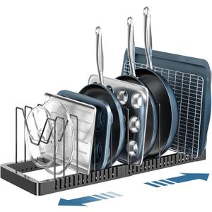 Pots and Pans Organizer under Cabinet, Expandable Pot Lid Organizer Holder with 10 Adjustable Compartment, Pan Organizers inside Cabinet for Lids, Bakeware, Kitchen Storage Pot Rack, Black